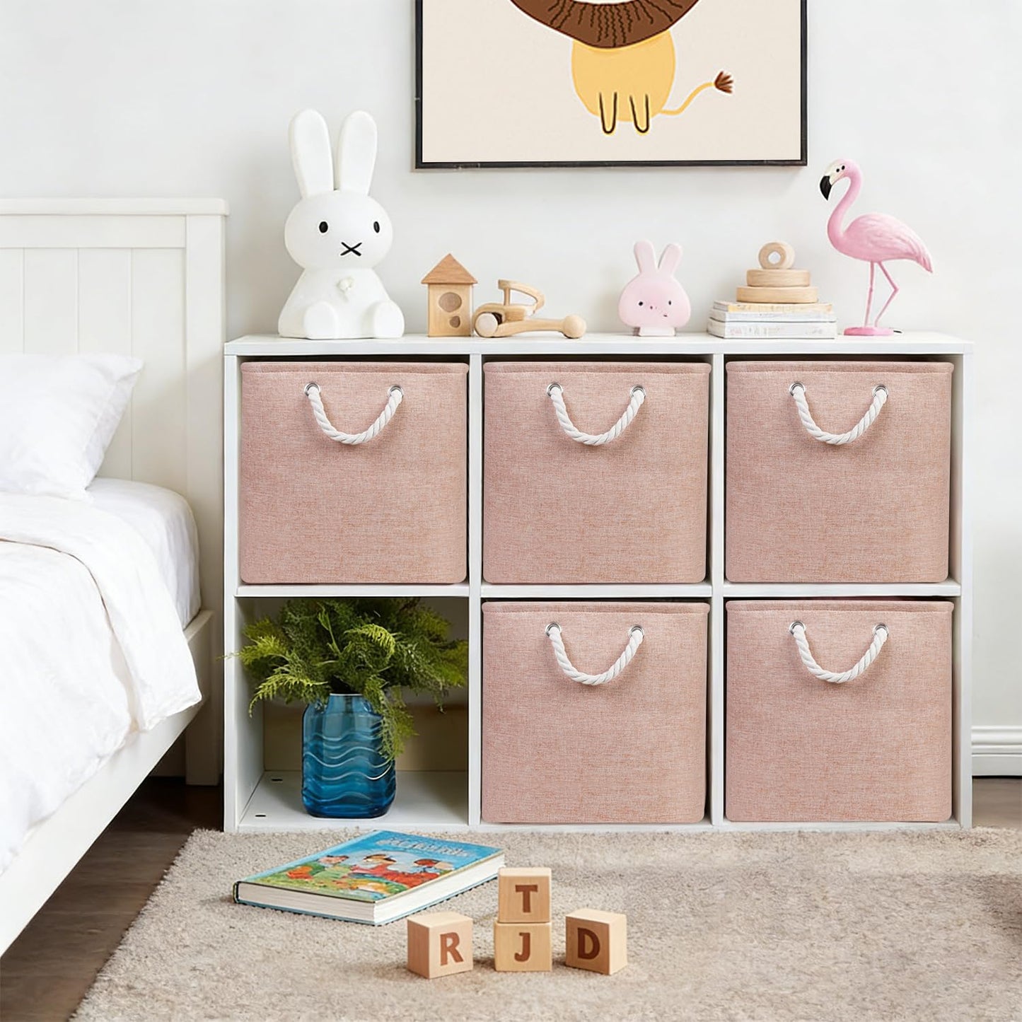 JUNLAI 4 Pack Fabric Storage Boxes, Kallax Storage Boxes 33 x 38 x 33 with Handles, Foldable Large Storage Pink Basket for Office & Home, Book