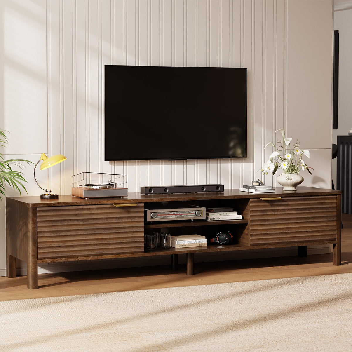 IKALIFE Wooden TV Unit, 200cm Long TV Stand Cabinet with Storage, Walnut