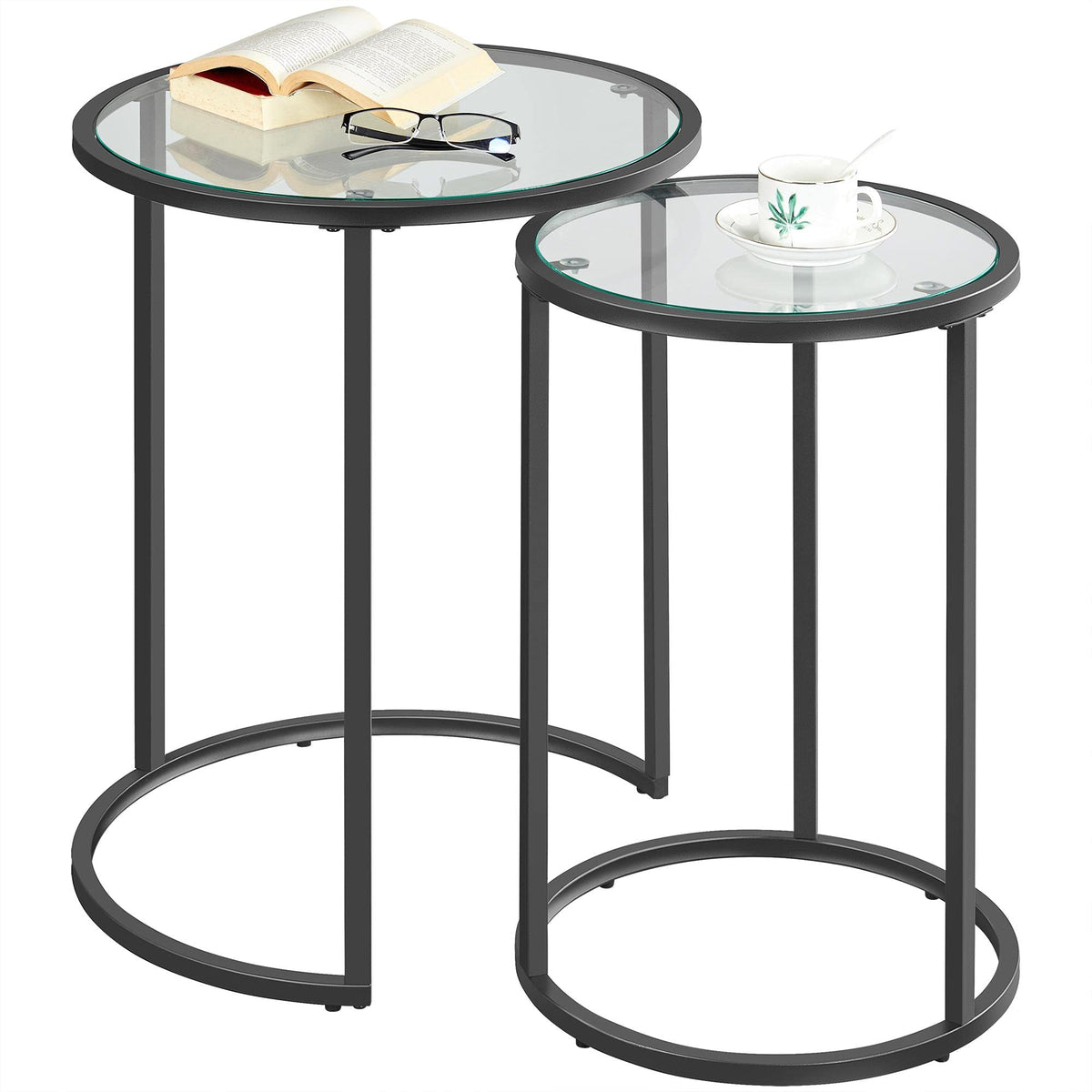 Yaheetech Glass Nesting Tables Set of 2 with Metal Frames, Black