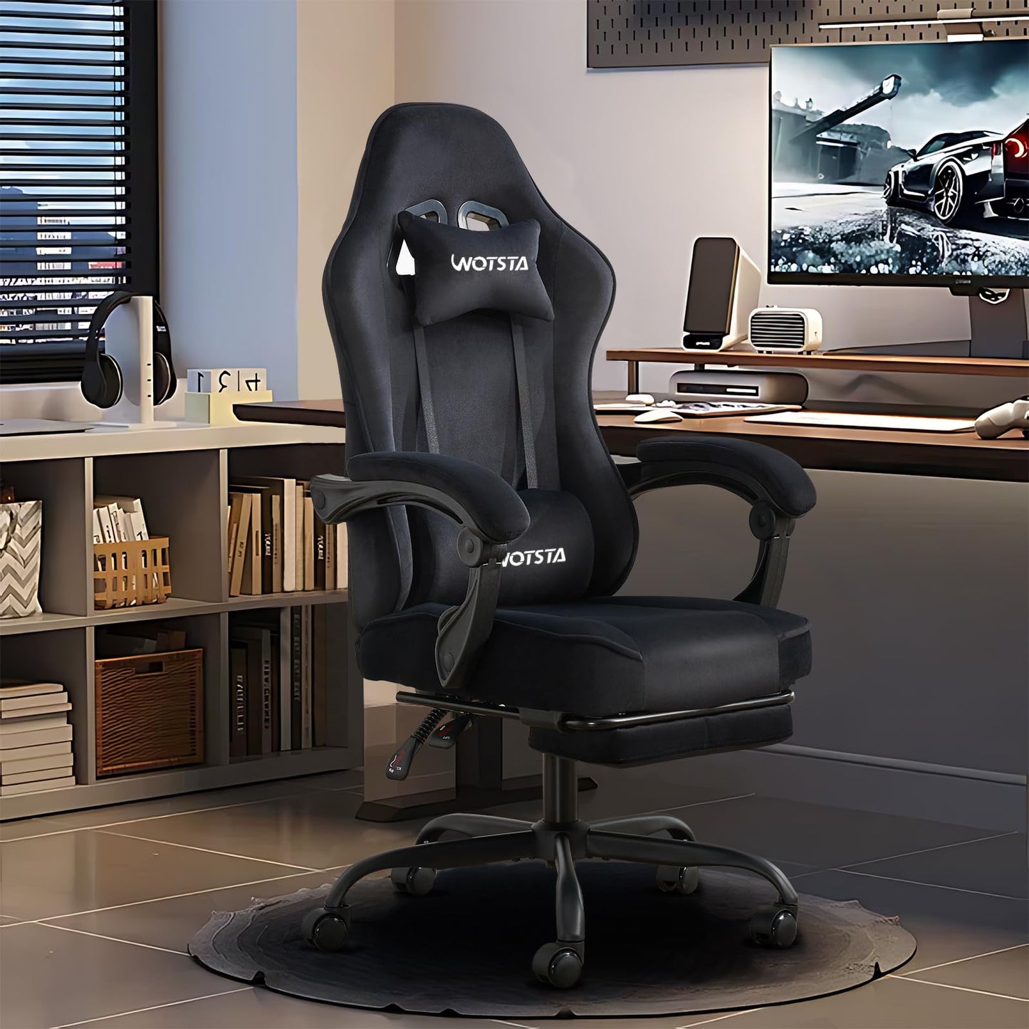 WOTSTA Gaming Chair for Adults, Ergonomic Gaming Chair with Footrest, Lumbar Support and Headrest, Adjustable Height computer chairs gaming