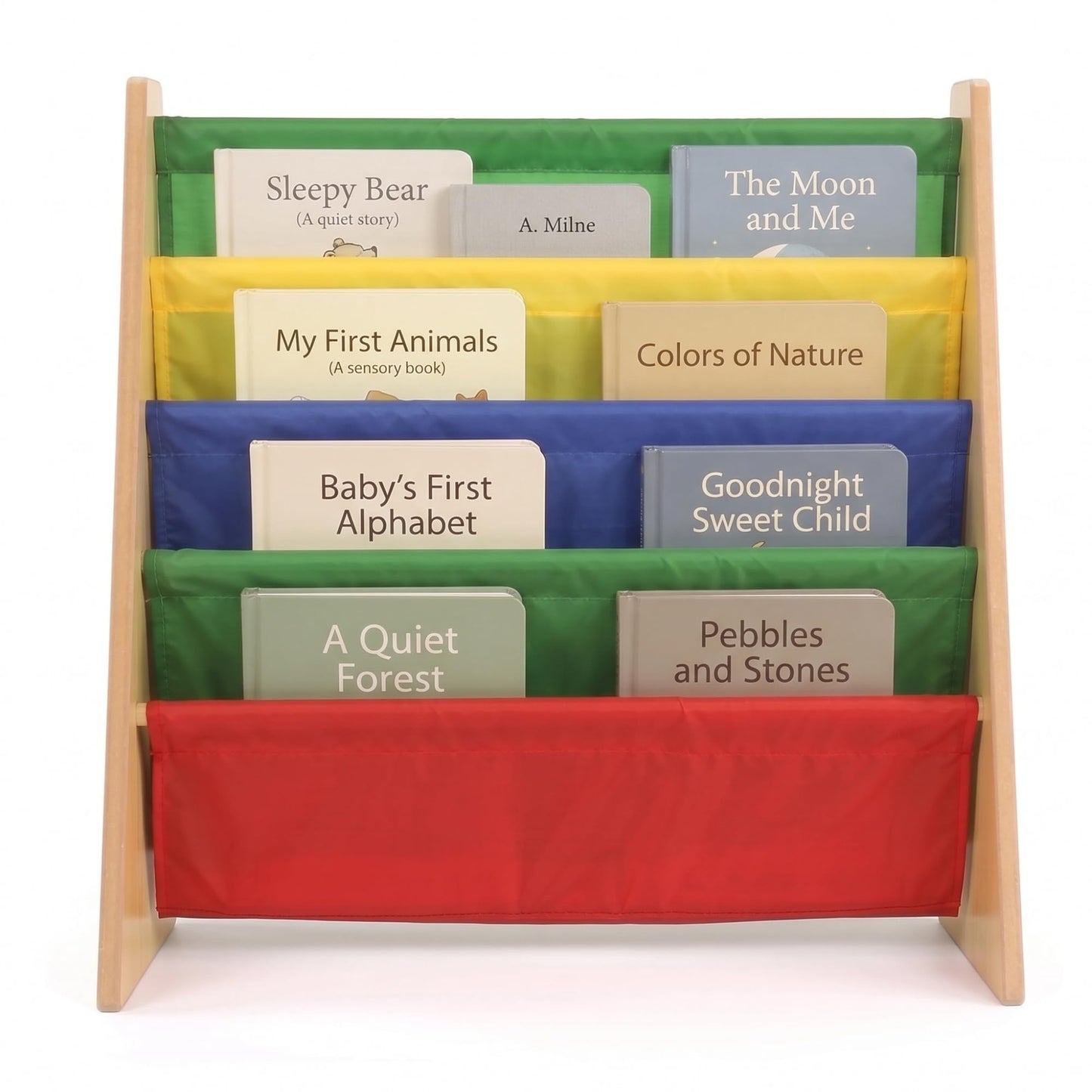 Humble Crew Primary Wooden Bookshelf for Children, 4 Tier Book Storage Organiser with Deep Fabric Pockets