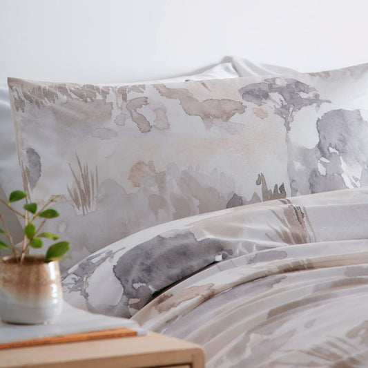Appletree - Linen Landscape Duvet Cover - Single Bedding Size (140 x 200cm) - Soft 100% Cotton - 1 Pillowcase - Watercolour Art Bedding in Natural -