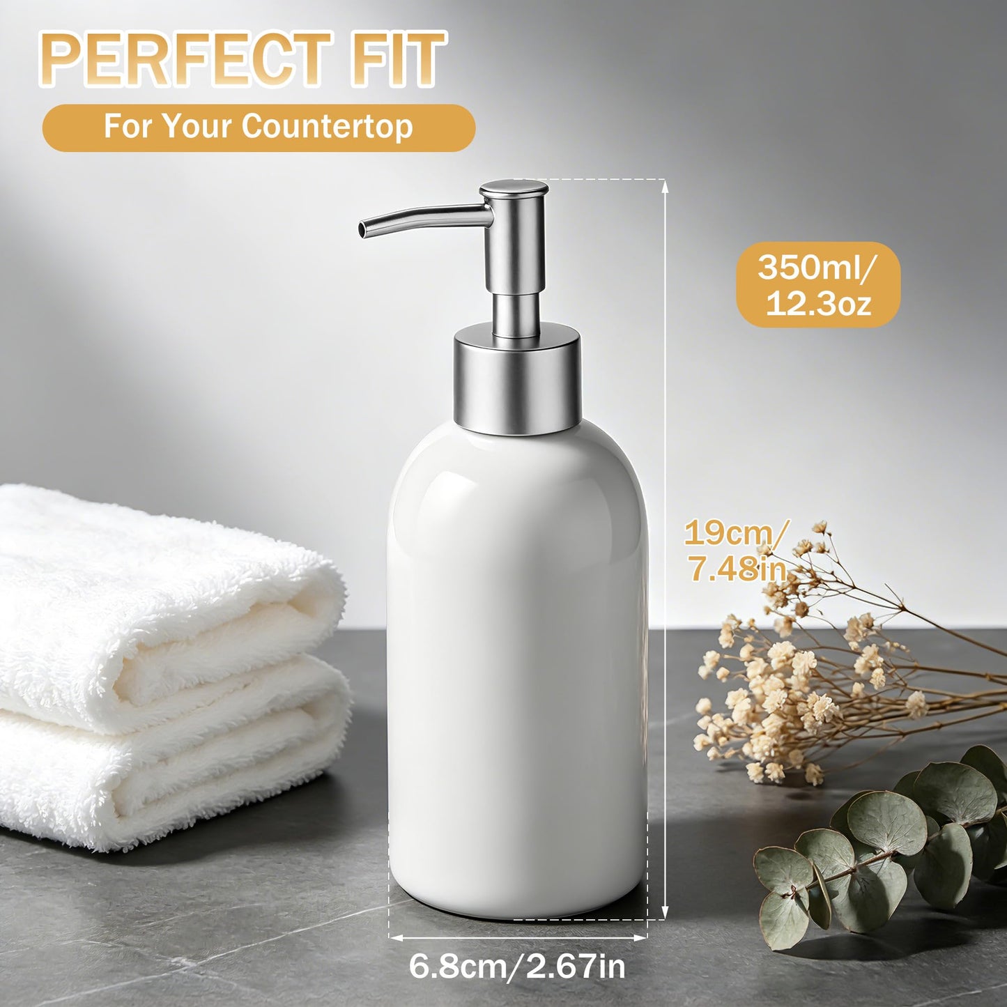 Hejo 350ml Ceramic Soap Dispenser with Matte Silver Pump, Refillable Liquid Hand Wash Soap Dispenser for Laundry Room, Bathroom & Kitchen(White)