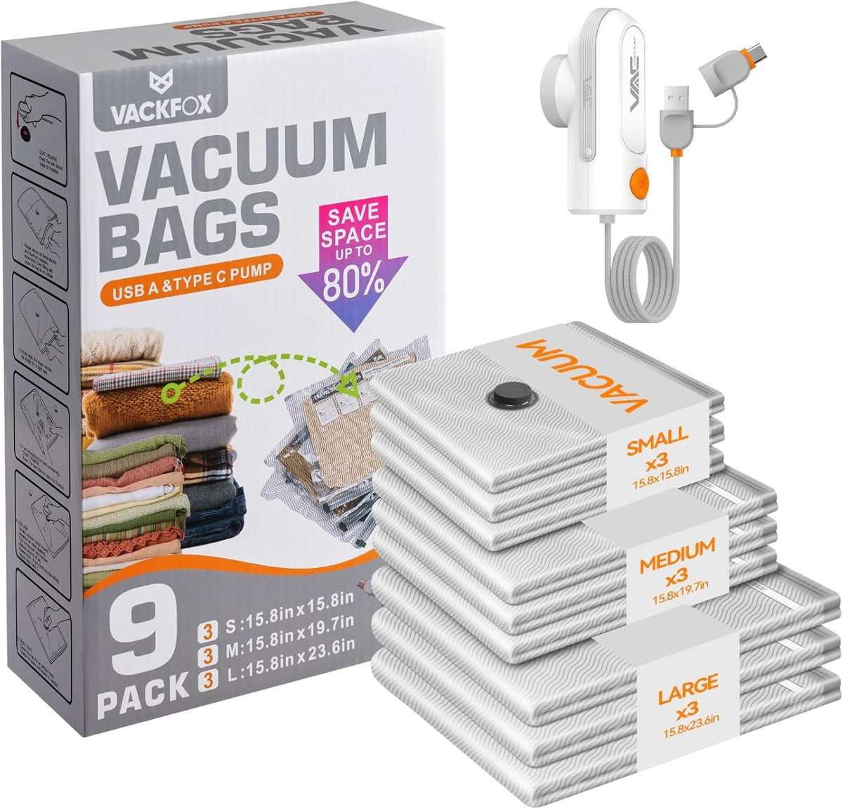 VACKFOX Travel Vacuum Bags with USB & TYPE C Pump, 9 Pack Carry-On Vacuum Storage Bags for Luggage & Suitcase, Vacuum Luggage Bags