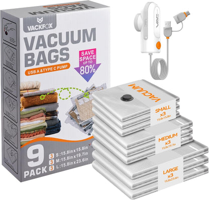 VACKFOX Travel Vacuum Bags with USB & TYPE C Pump, 9 Pack Carry-On Vacuum Storage Bags for Luggage & Suitcase, Vacuum Luggage Bags