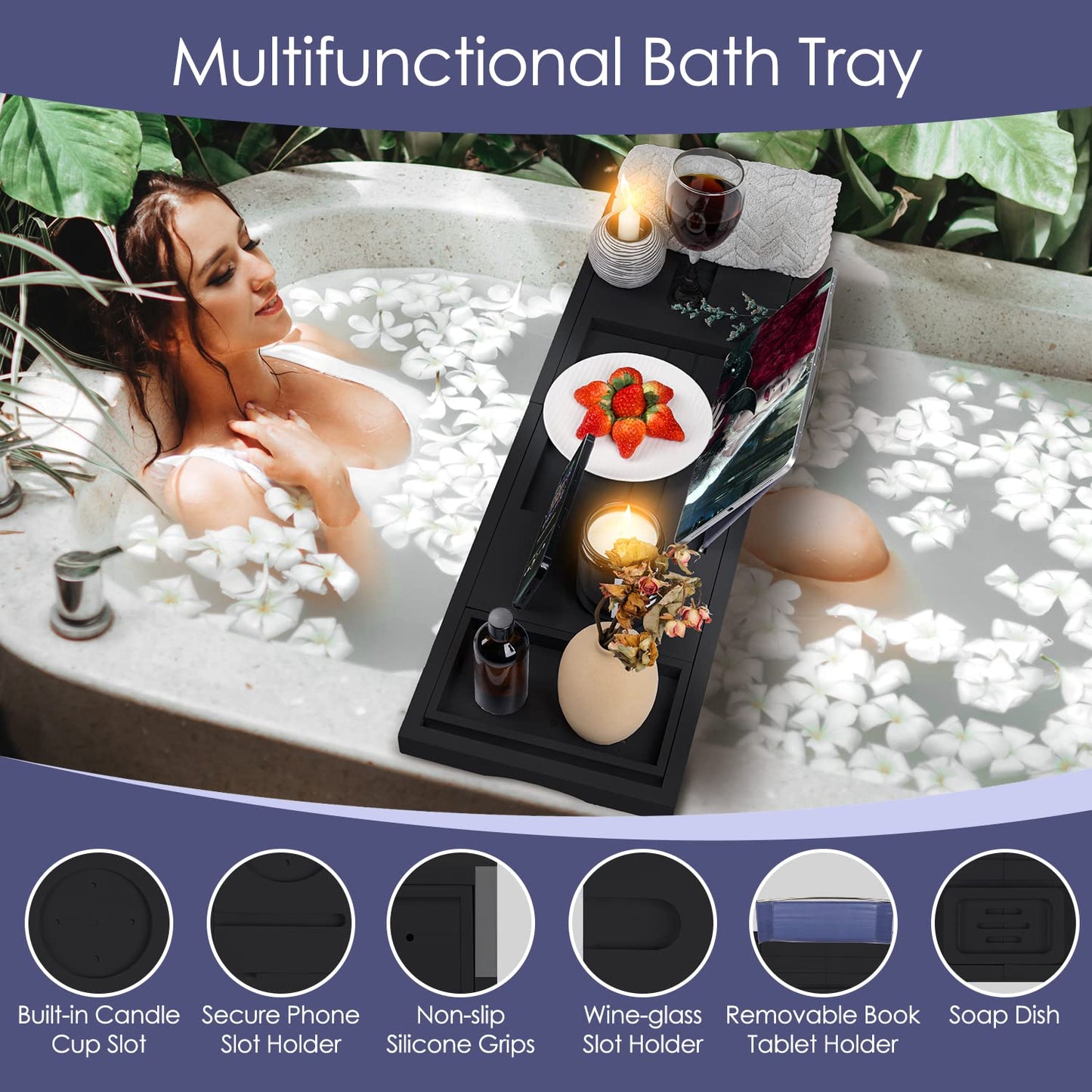 Foldable Bathtub Plate, Bamboo, Bath Shelf with Wine Glass Holder, Book Holder, Telephone, Tablet with Pull-Out Sides, Adjustable Soap Holder