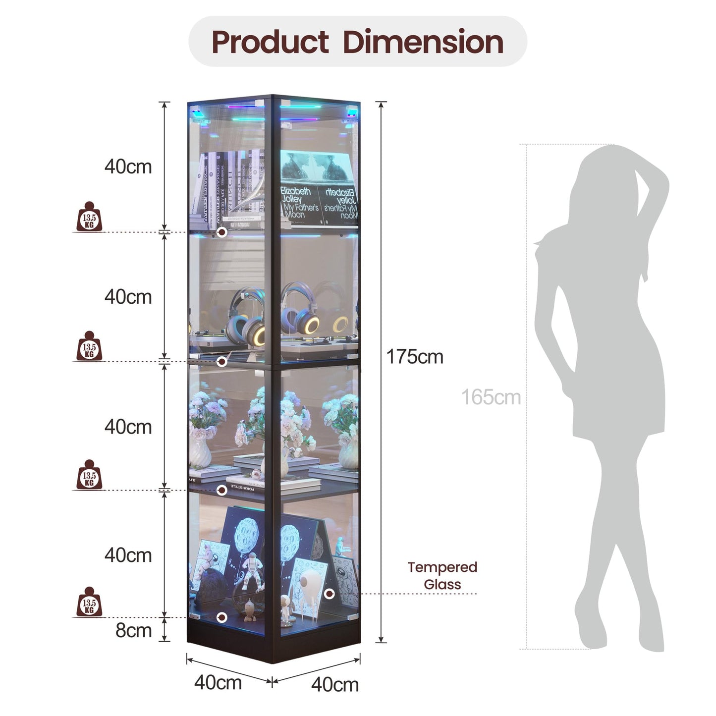 FREDEES Glass Display Cabinet with RGB Lights, 175CM, Black