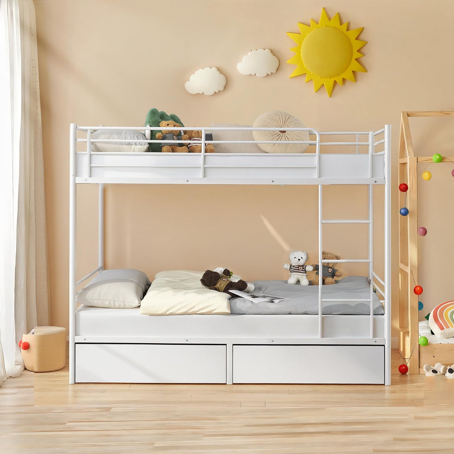 Bonnlo Metal Bunk Bed, Single over Single Loft Bed Frame with Ladder and Safety Guardrail
