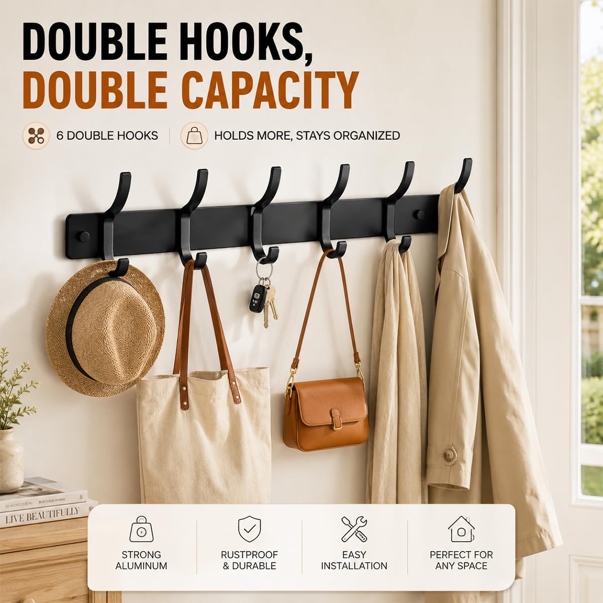 2 Pack Black Wall Mounted Coat Hooks, Heavy Duty Metal 6 Hooks Rust-Proof for Hanging Hats Clothes Jackets Towels Keys
