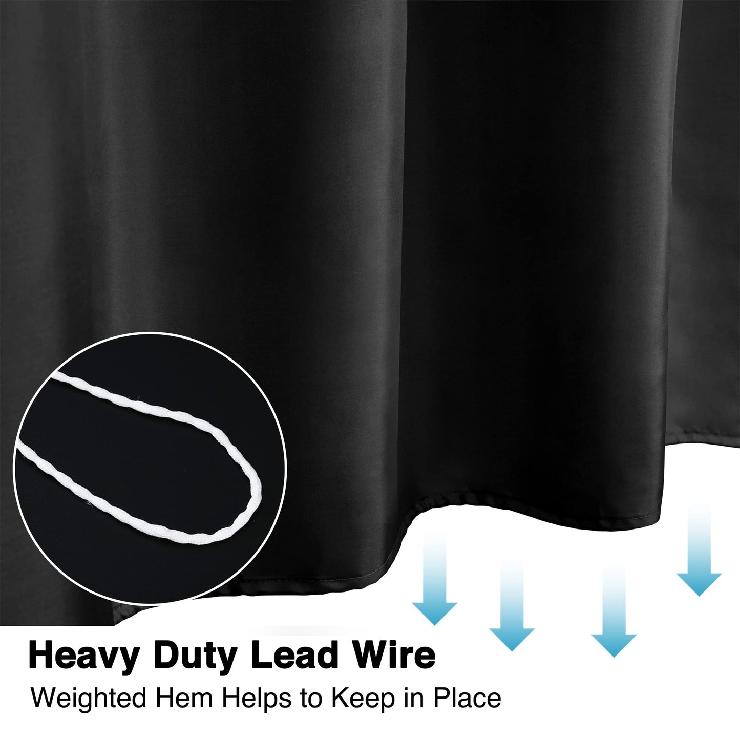 WELTRXE Shower Curtain Mould Proof Mildew Resistant, 180x180cm Black Bathroom Curtain Set With Hooks, Weighted Hem
