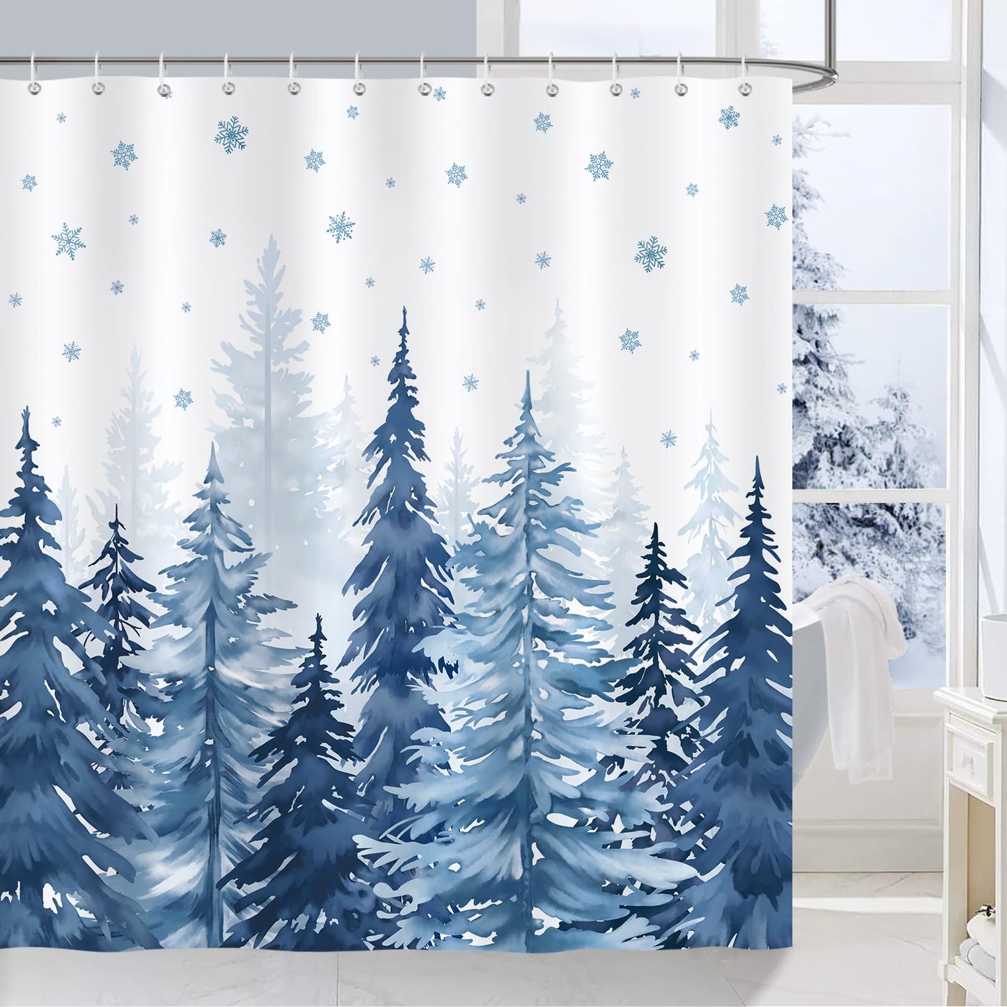 COZZSNUGE Winter Misty Forest Shower Curtain, Blue Pine Tree Snowflake Nature Snow Scene Bathroom Curtain 180 x 180 cm