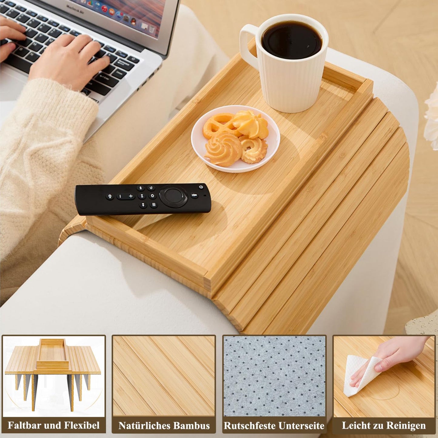 Exquilnova 2-in-1 Sofa Arm Tray,Foldable Rectangular Armchair Tray,Anti Slip Sofa Armrest Organiser,Couch Arm Table for