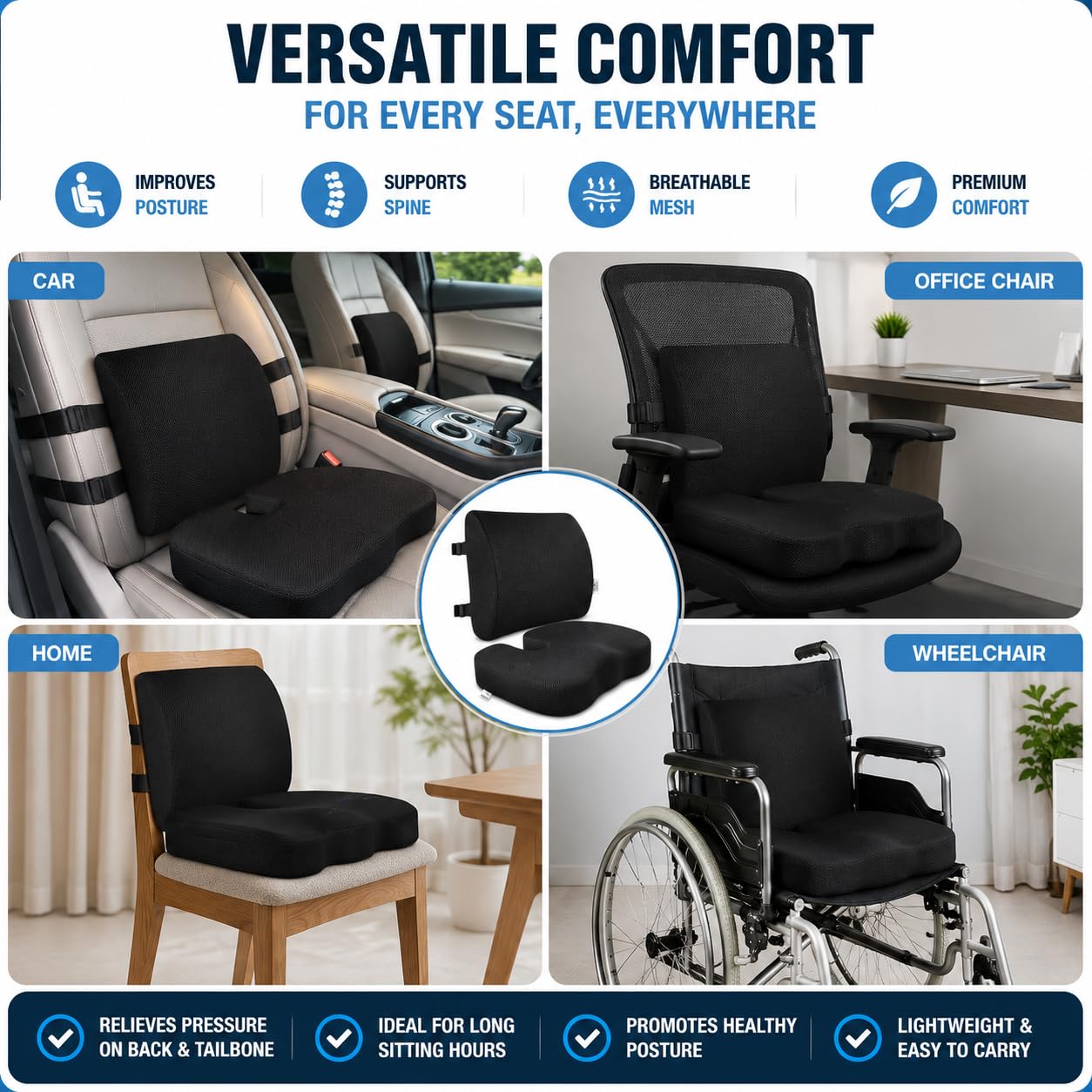 2-in-1 Memory Foam Seat Cushion & Lumbar Support Set | Office Chair Cushion for Back & Tailbone Relief