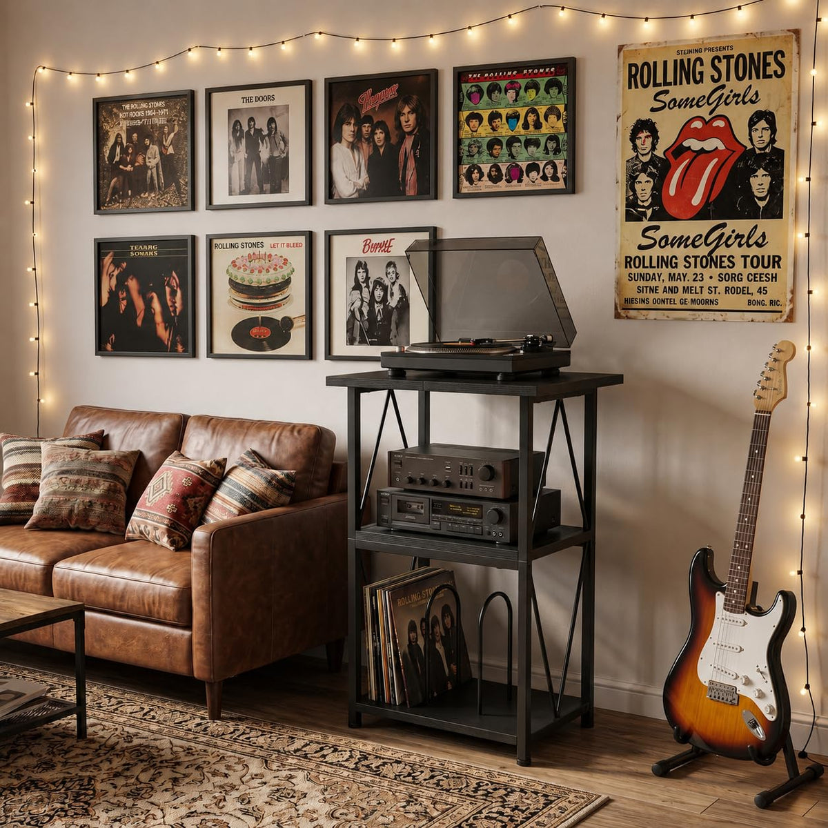 Upgraded Expanded Surface Record Player Stand, 3 Tier End Table with Vinyl Record Storage, 50x40cm Record Player Table
