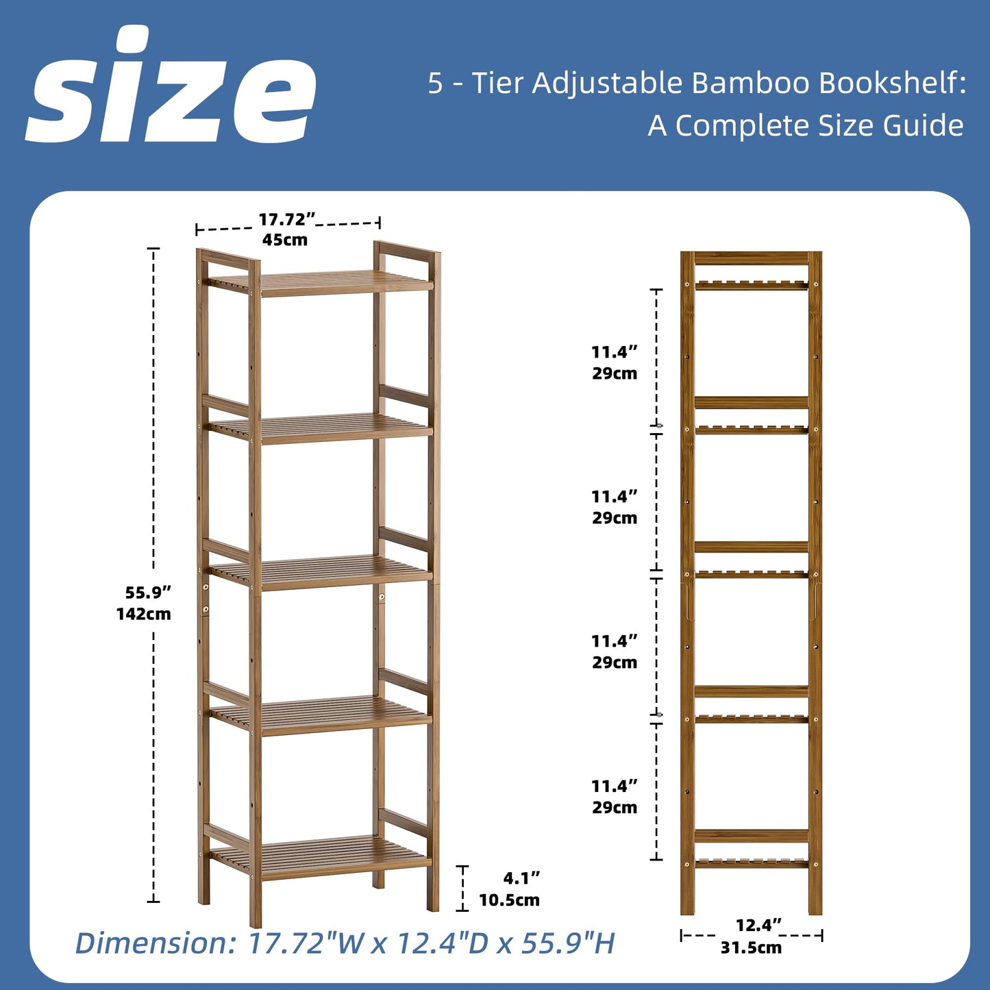 HITNET 5-Tier Tall Bookcase, Narrow Adjustable Bamboo Book Shelf for Small Spaces, Floor Standing Storage Organizer Rack for Home Office