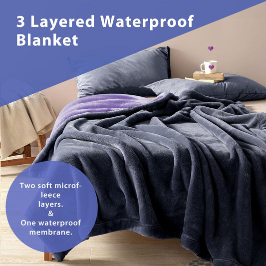 YISURE Waterproof Reversible Blanket for Bed, Leakproof Squirt Love Queen Size Blanket for Adults, King Size 90"x80" (Grey/Purple)