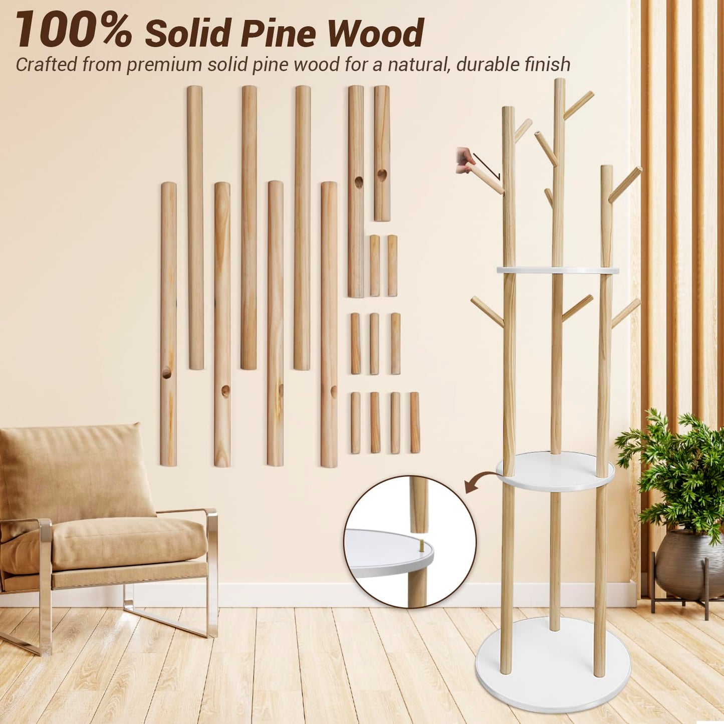SUNDOY 165CM Wooden Coat Rack Freestanding with 3 Shelves & 9 Hooks, Hall Tree Stand for Entryway, Bedroom, Hallway & Living Room