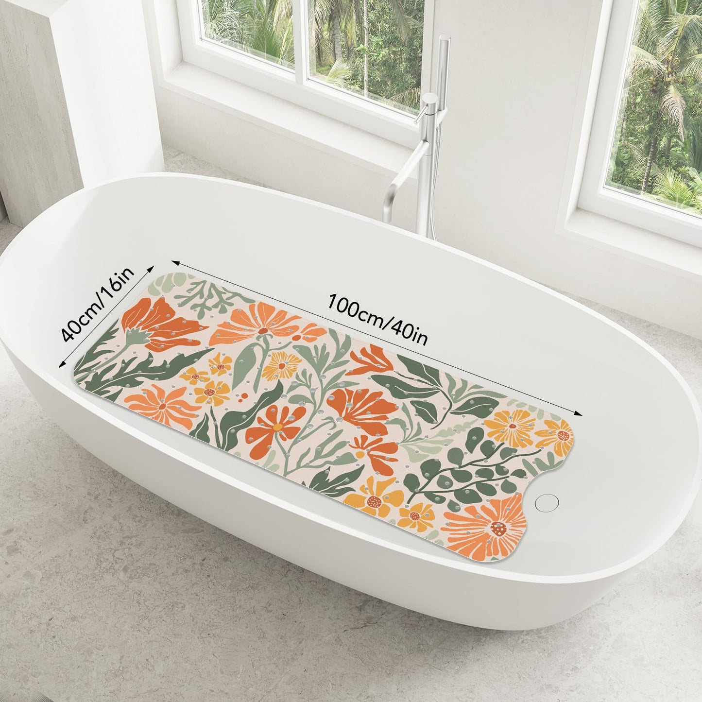 SHUCHING Retro Orange Flowers Bath Mat Non Slip Anti Mould, 100 X 40 cm Extra Long Bathtub Mat Anti Slip