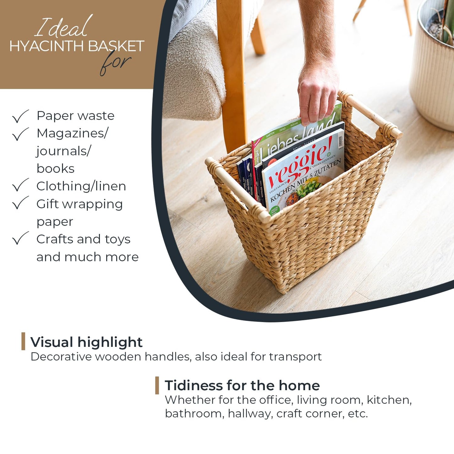 HMF Office Waste Paper Bin, Storage Basket with Wooden Handles, Braided from Water Hyacinth, Trapezoid, 36 x 19 x 33 cm