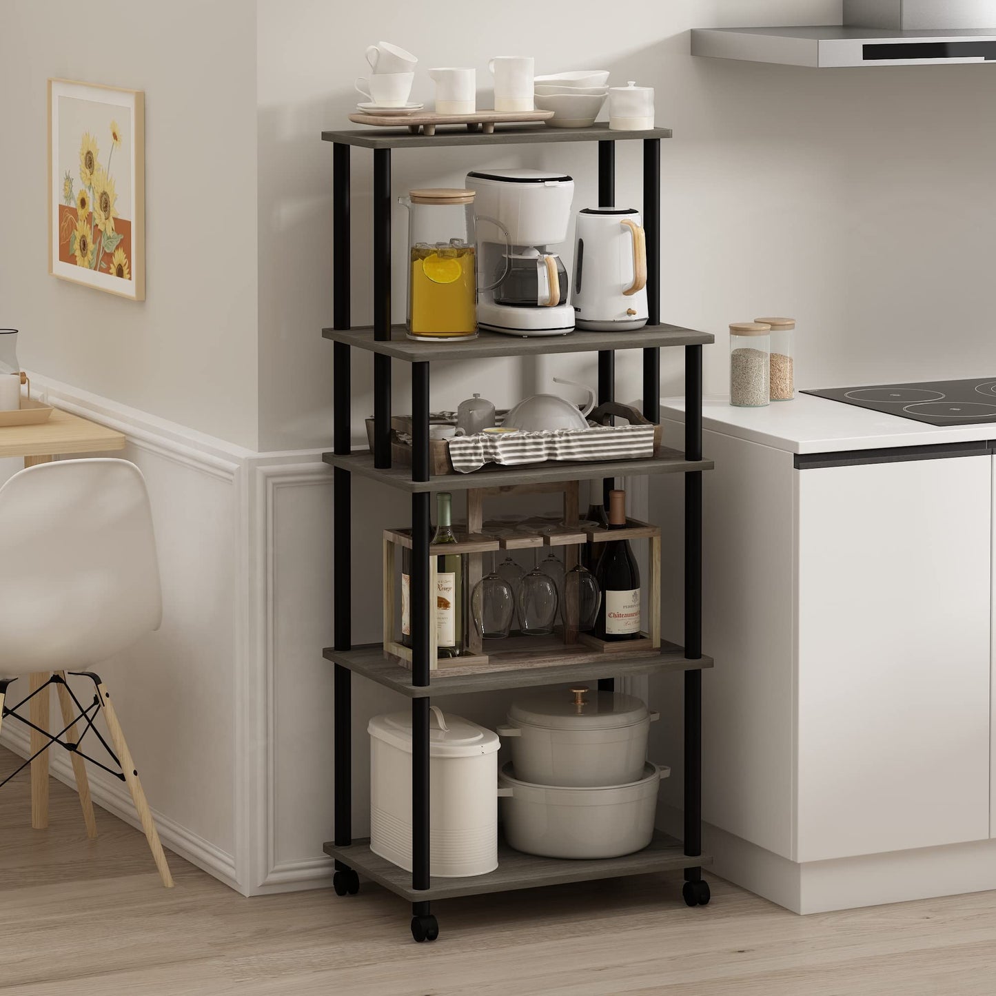Furinno TURN-N-TUBE Bakers Rack with Wheels, 5-Tier Kitchen Storage Cart, Kitchen Cart, Coffee Bar, Pantry Organizers and Storage, French Oak Grey