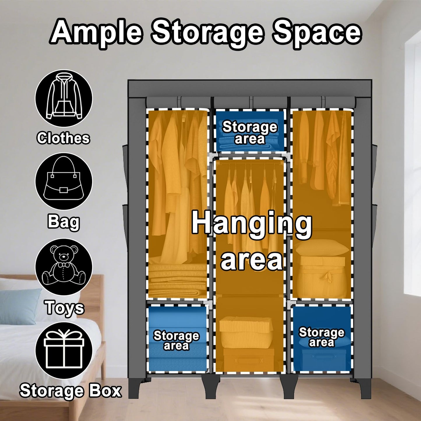 OPPAIYA Canvas Wardrobe, Portable Wardrobe With 3 Hanging Rails, 6 Shelves and 8 Side Bags, 165 * 45 * 125cm Temporary Storage Closet