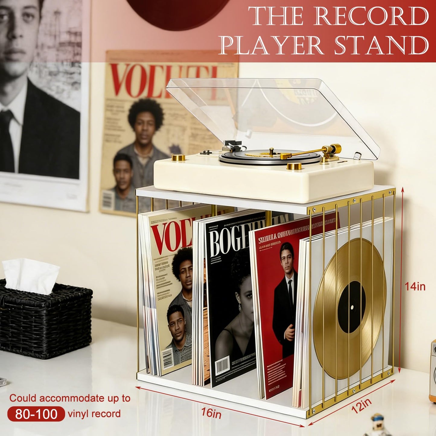 XLSBZ Vinyl Record Storage Holder, Metal & Wooden Vinyl Record Rack Up to 80 LP Albums, Record Player Stand Organizer for Albums, Magazine, Book
