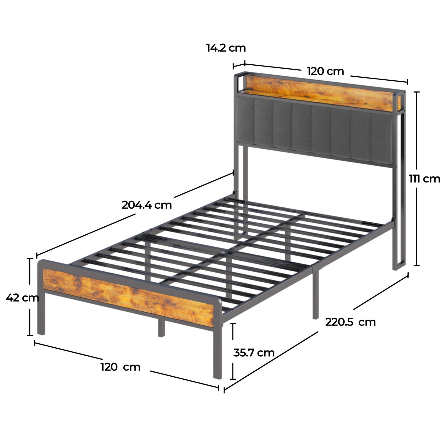 Blishom Padded Bed 120 x 200 cm with Container, Metal and Wood Bed, Single Bed with Padded Headboard and Metal Slats, Dark Grey