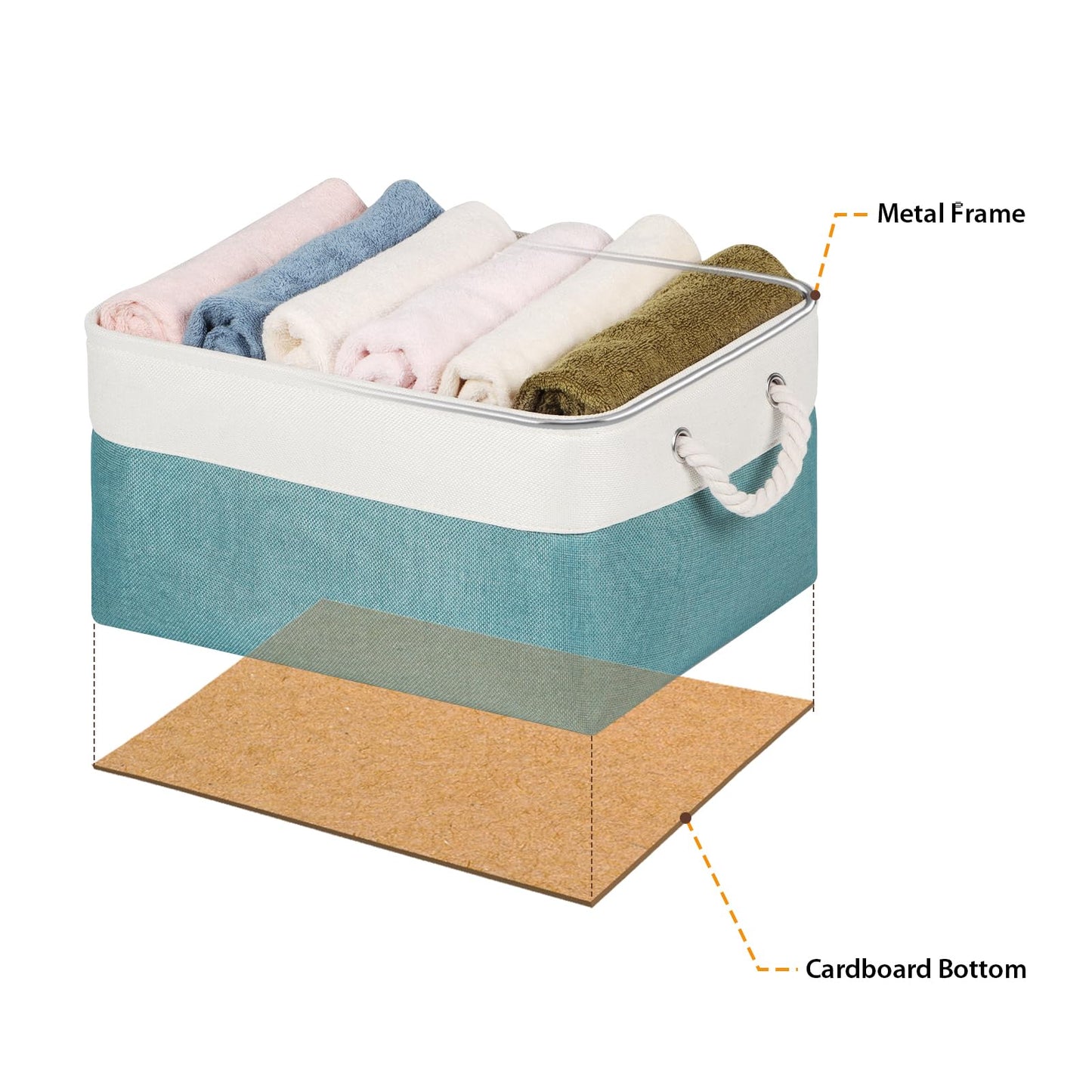Syeeiex Storage Basket for Shelves [3-Pack], Storage Boxes with Handles, Large Fabric Storage Bins for Organizing Home and Office, White/Teal