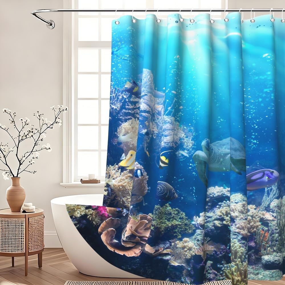 Xiaoterna Ocean Shower Curtain Underwater Marine Life Sea World Turtles Fishes Bathroom Curtain Coral Reef Floral Washable Waterproof Mildew