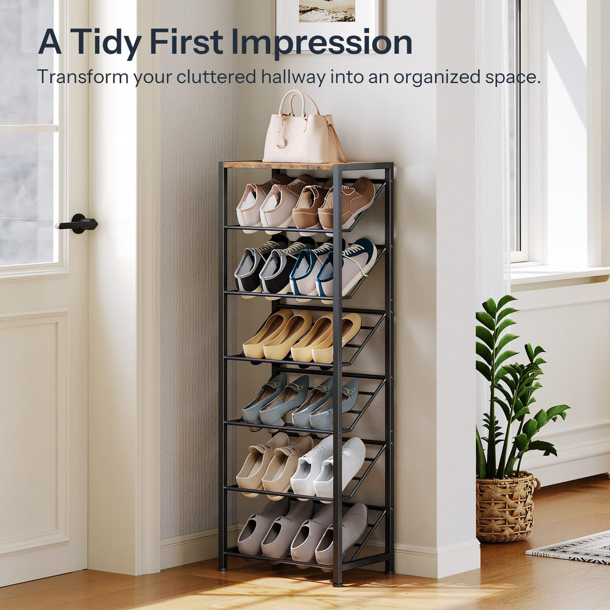 HOOBRO Shoe Rack for Entryway, 7-Tier Slanted Shoe Storage Shelf, Slim Shoe Organizer, Narrow Shoe Holder for Small Space, Hallway, Garage, Closet