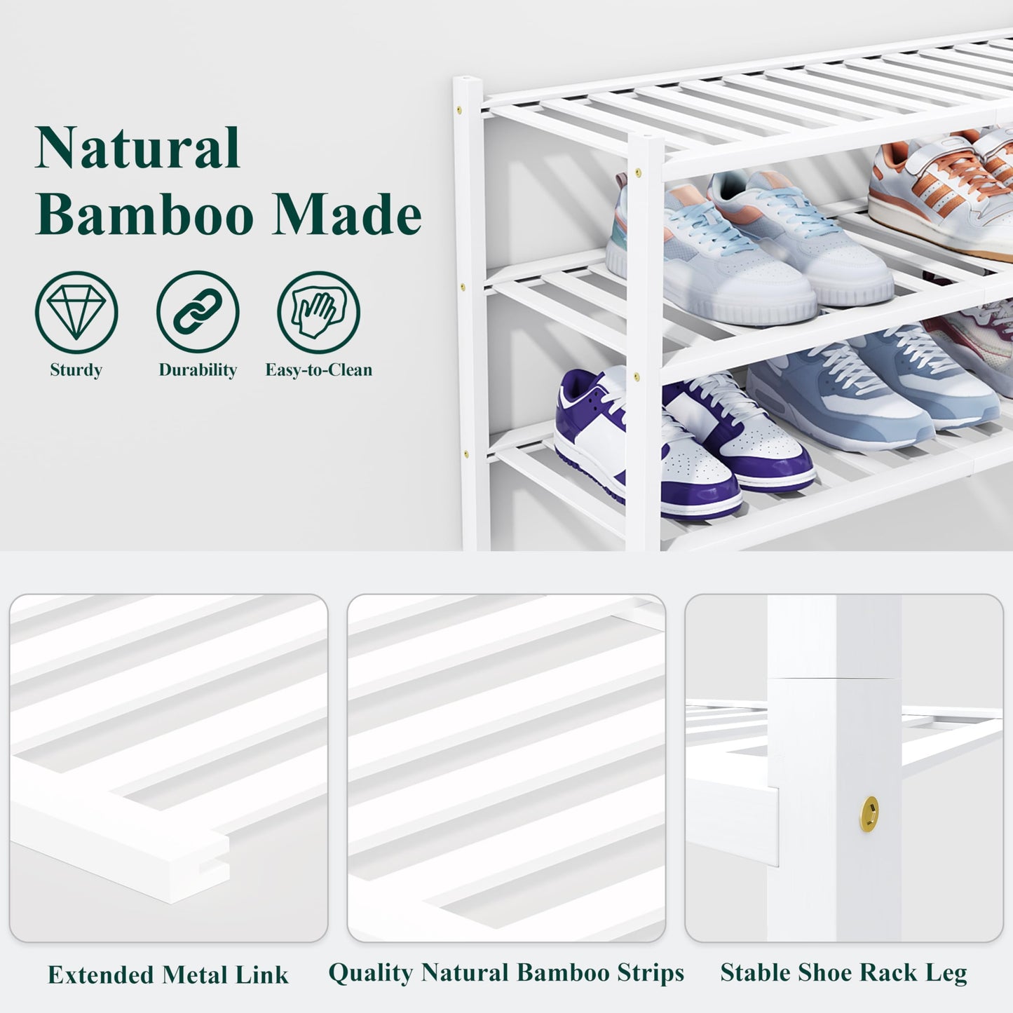 smiry Shoe Rack, 2 Tier Bamboo Shoe Organizer, Stackable Free Standing Wooden Shoe Storage Shelf for Entryway, Front Door Entrance, White