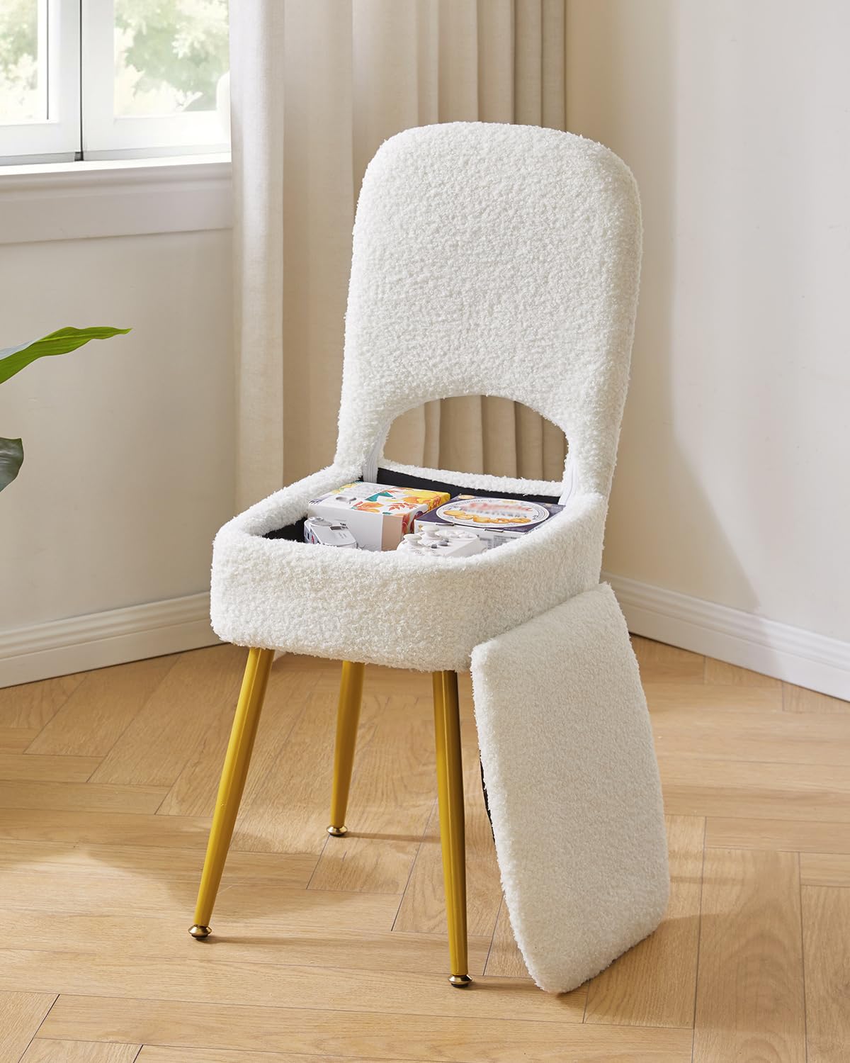 IBUYKE Storage Vanity Stool Chair with Folding Backrest, White WBD027W