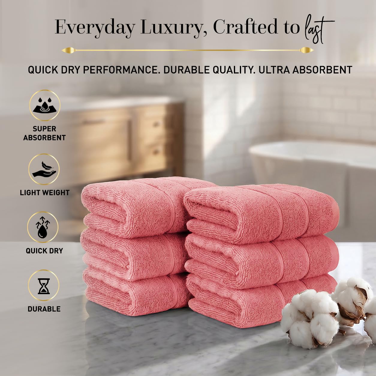 Bathroom Hand Towels 6 Pc Set I Lightweight I Quick-dry I OEKO-TEX I Coral