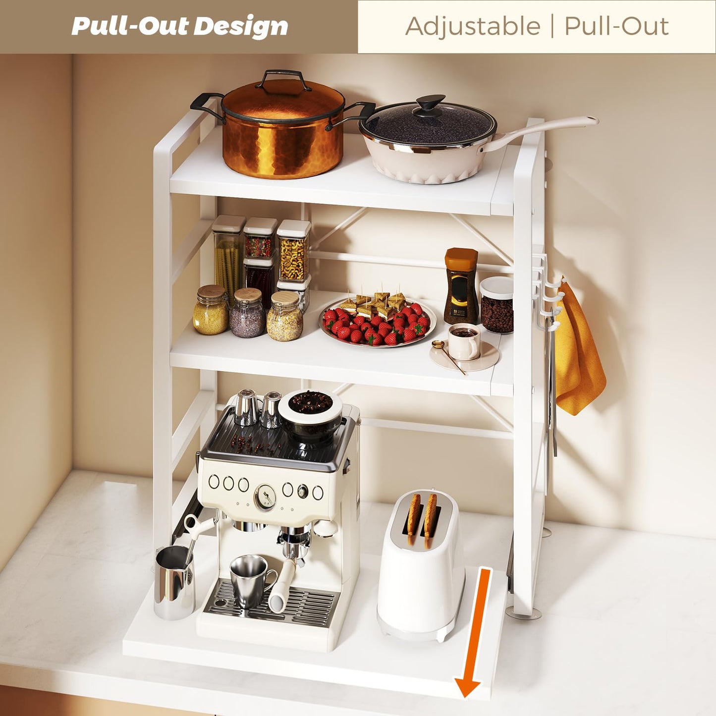 BeSokar 3-Tier Microwave Rack - Height Adjustable & Extendable Kitchen Shelf with Drawer - Made of Carbon Steel