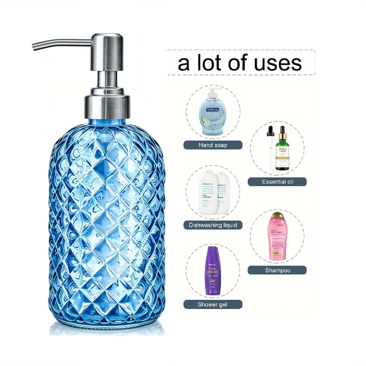 2Pcs Glass Soap Dispenser Blue - 350ml/ 16 Oz Hand Soap Dispenser with Rustproof Stainless Steel Pump Liquid Hand Jar Refillable Glass Bottle for