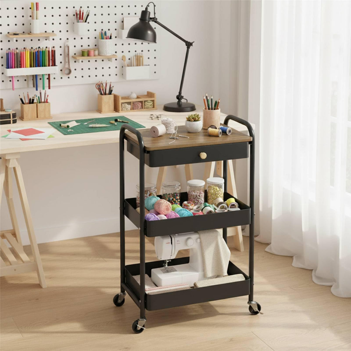 danpinera 3 Tier Rolling Cart, Metal Utility Cart with Wooden Table Top & Drawer, Rolling Carts, Storage Cart with Hanging Cups for Kitchen, Bathroom