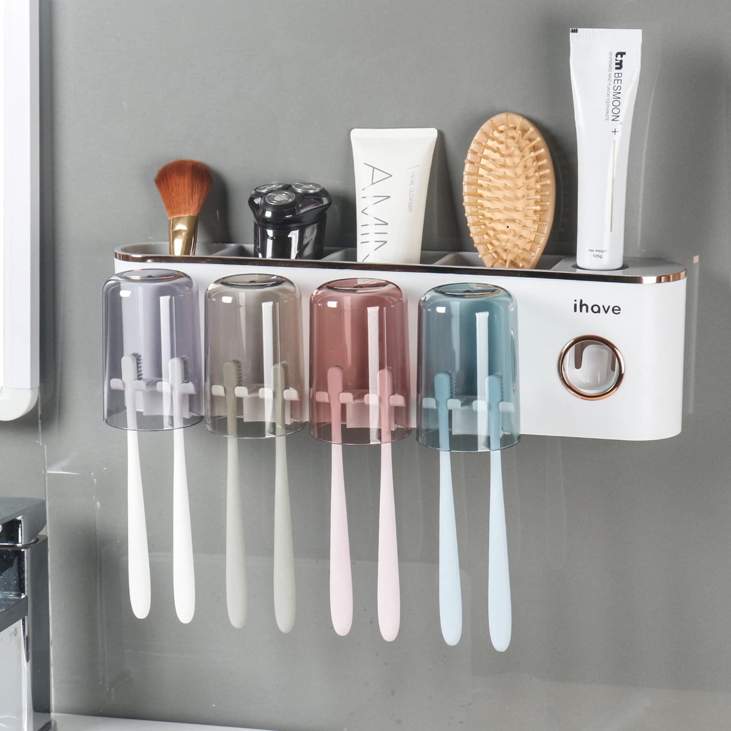 iHave Wall Mounted Toothbrush Holders with Toothpaste Dispenser, Featuring 4 Cups