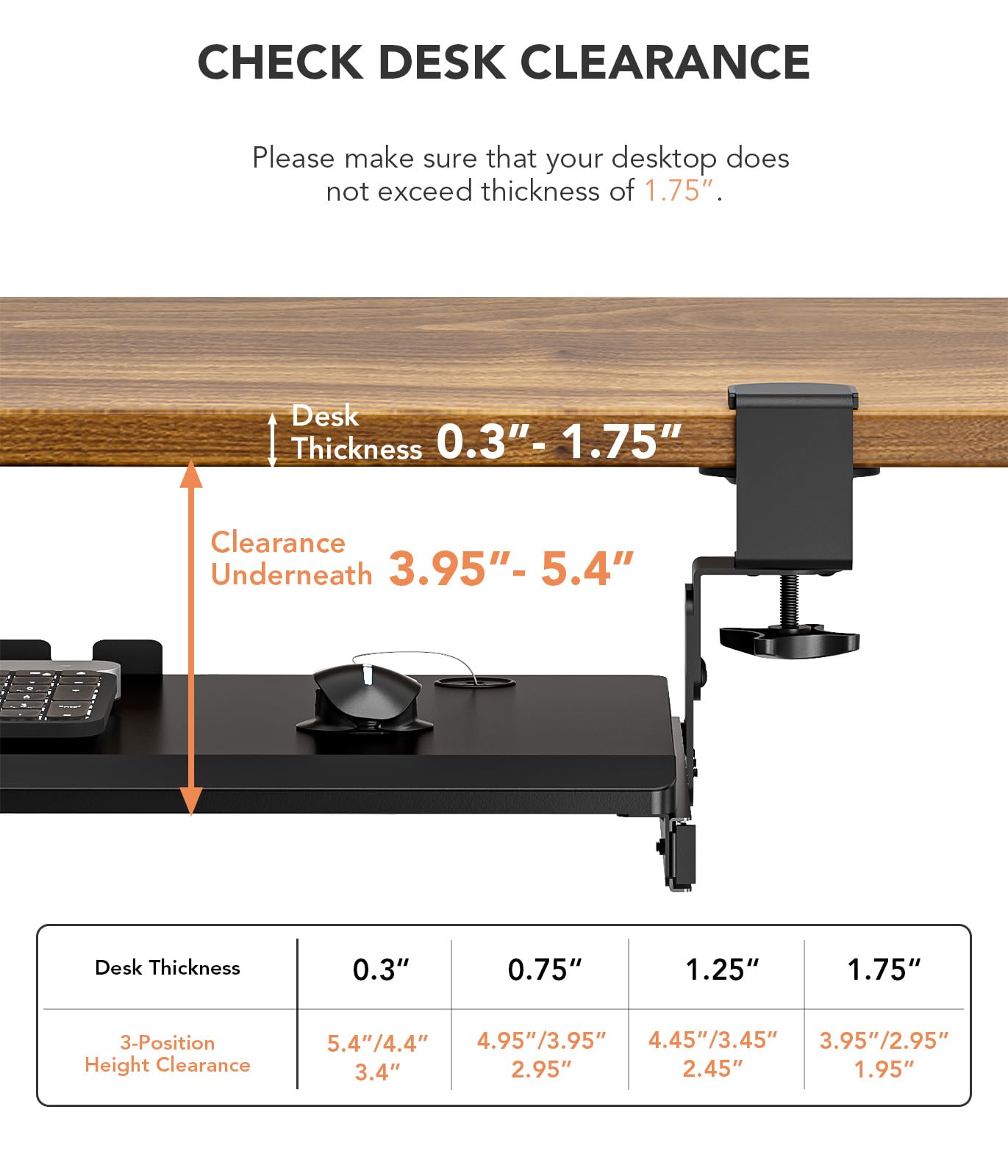 Keyboard Tray Under Desk Pull Out with Extra Sturdy C Clamp Mount System, 693.42 (825.5 mm Including Clamps) x 279.4 mm Slide-Out Platform Computer