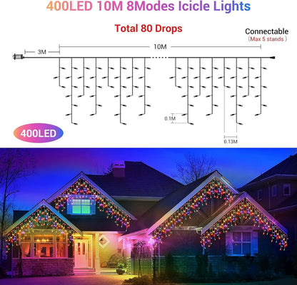 GlobaLink Christmas Icicle Lights Outdoor, 10M/32FT 400LED Icicle Fairy Lights with Timer & 8 Modes, 80 Drops Mains Powered Outdoor Christmas Lights