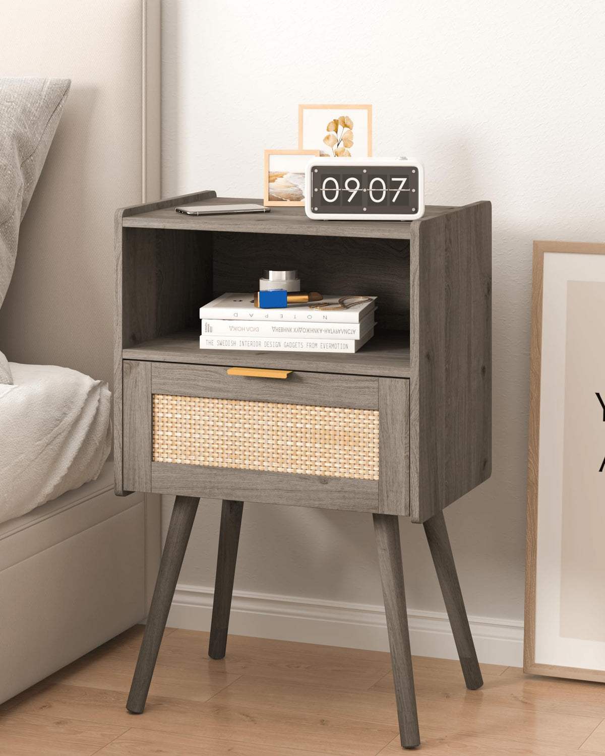 JERX Rattan Nightstand,Farmhouse Bedside Table with Storage Drawer and Open Wood Shelf, for Living Room, Bedroom and Small Spaces