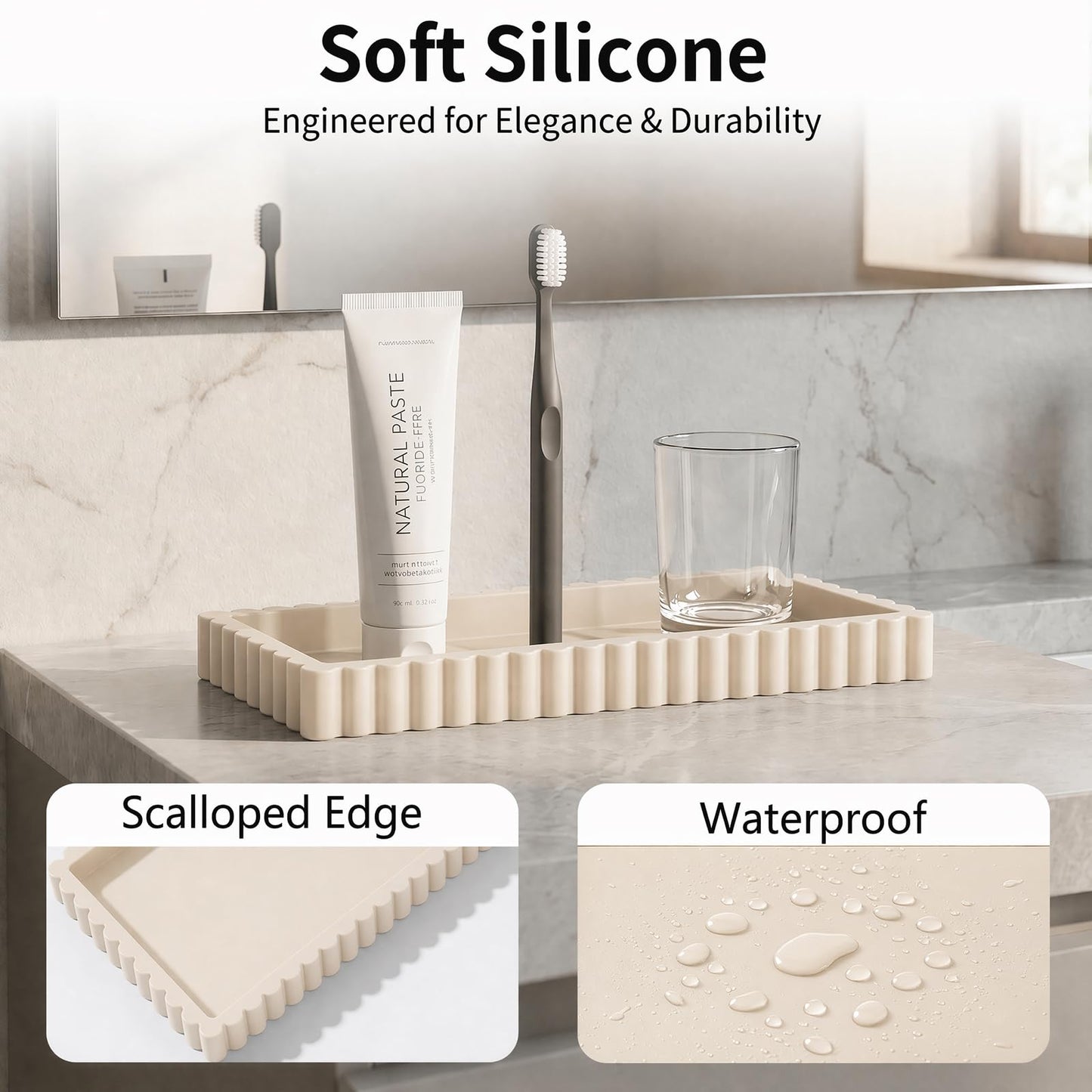 Bathroom Vanity Tray - 24 x 10 cm Silicone Decorative Tray with Scalloped Edge, Countertop Perfume Trays Trinket Dish for Dresser