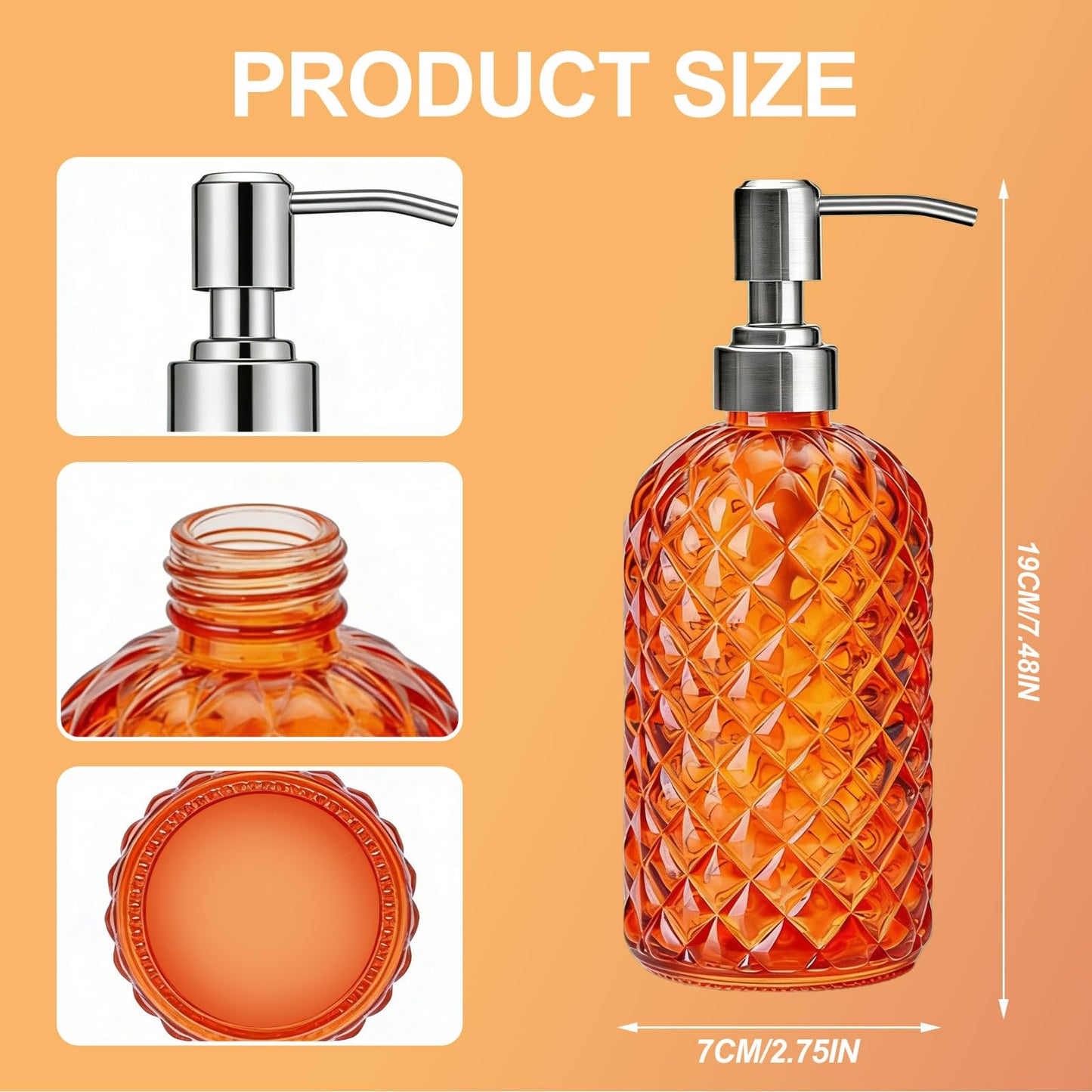 Glass Soap Dispenser Orange - 350ml/ 16 Oz Hand Soap Dispenser with Rustproof Stainless Steel Pump Liquid Hand Jar Refillable Glass Bottle for