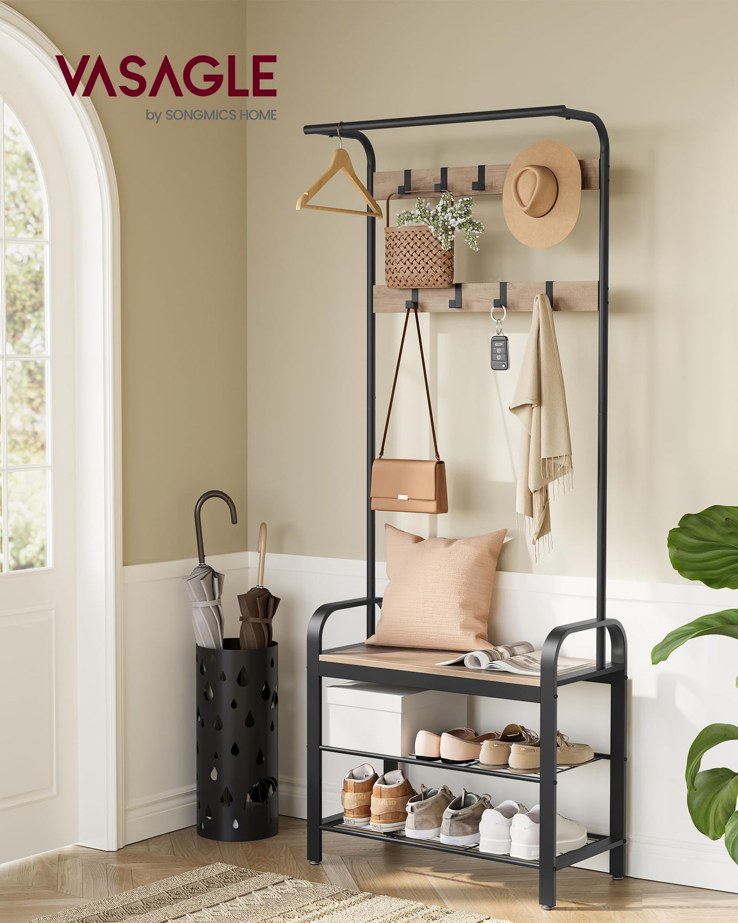 VASAGLE Coat Rack, Coat Stand with Shoe Storage Bench, 4-in-1 Design, with 9 Removable Hooks, a Clothes Rail, for Hallway, Entrance, 34 x 72 x 183 cm,
