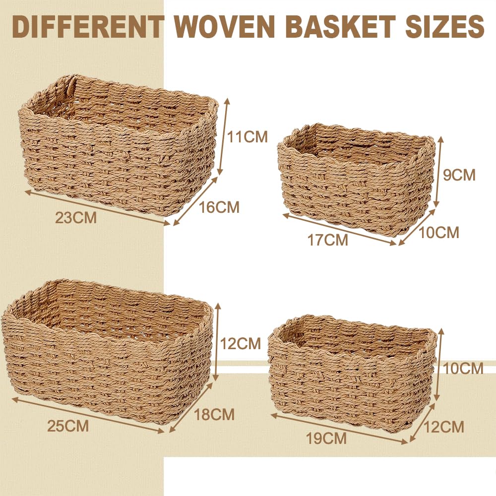 Lighterday Wicker Gift Baskets 4 Pcs Small Hampers - Woven Storage Basket 4 Sizes - Brown Rectangular Wicker Baskets for Shelves, Gift, Bathroom