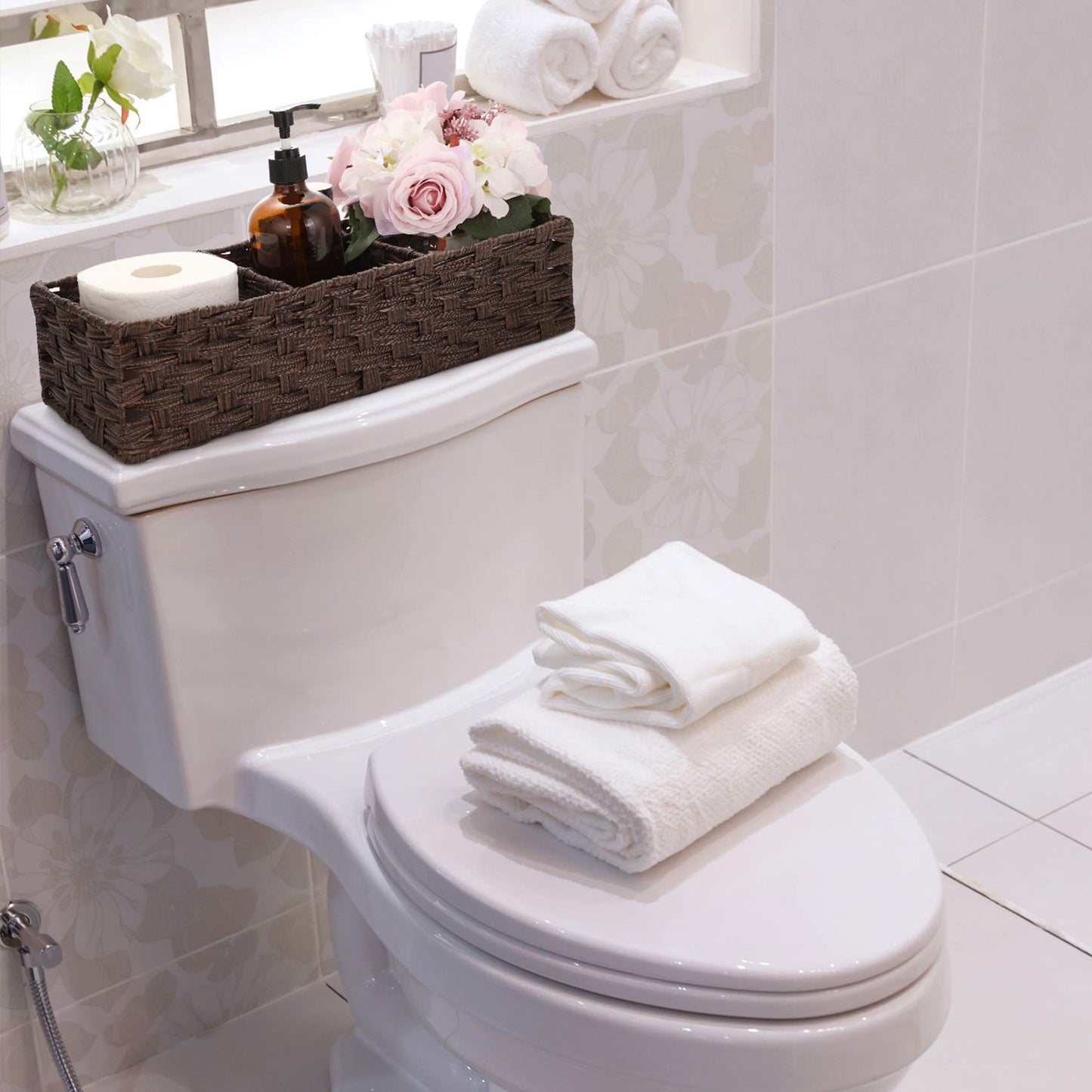 [Larger Compartments] Toilet Tank Topper Paper Basket - Multiuse Hand Woven Plastic Wicker Basket with Divider for Organizing