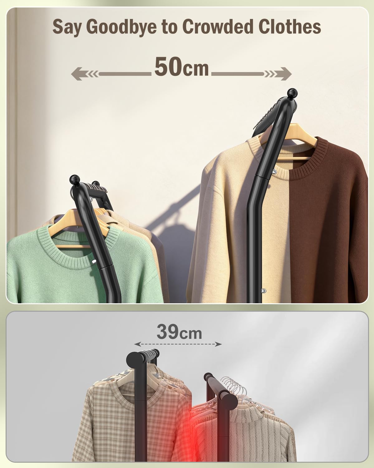 EAGMAK Heavy Duty Clothes Rail Load 378 kg, Double Rods Clothing Rails on Wheels, Height Adjustable Hanging Rack with Shelves & Coat Hooks