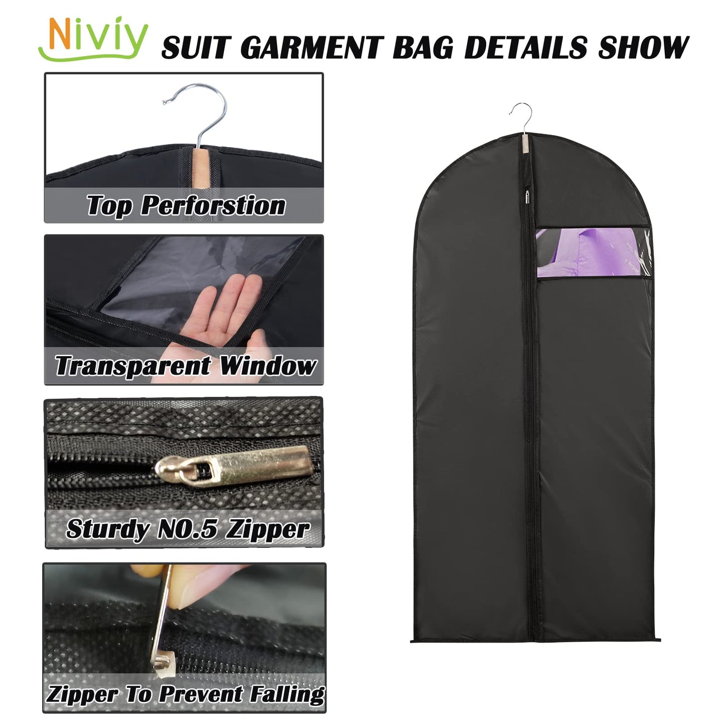 Niviy Suit Bags 60 x 120 cm, Black Garment Covers with Zip & Clear Window
