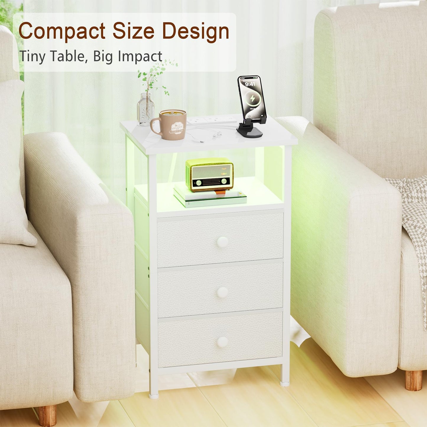 LOAKEKEL Bedside Table with Charging Station, Side Table with 3 Drawers