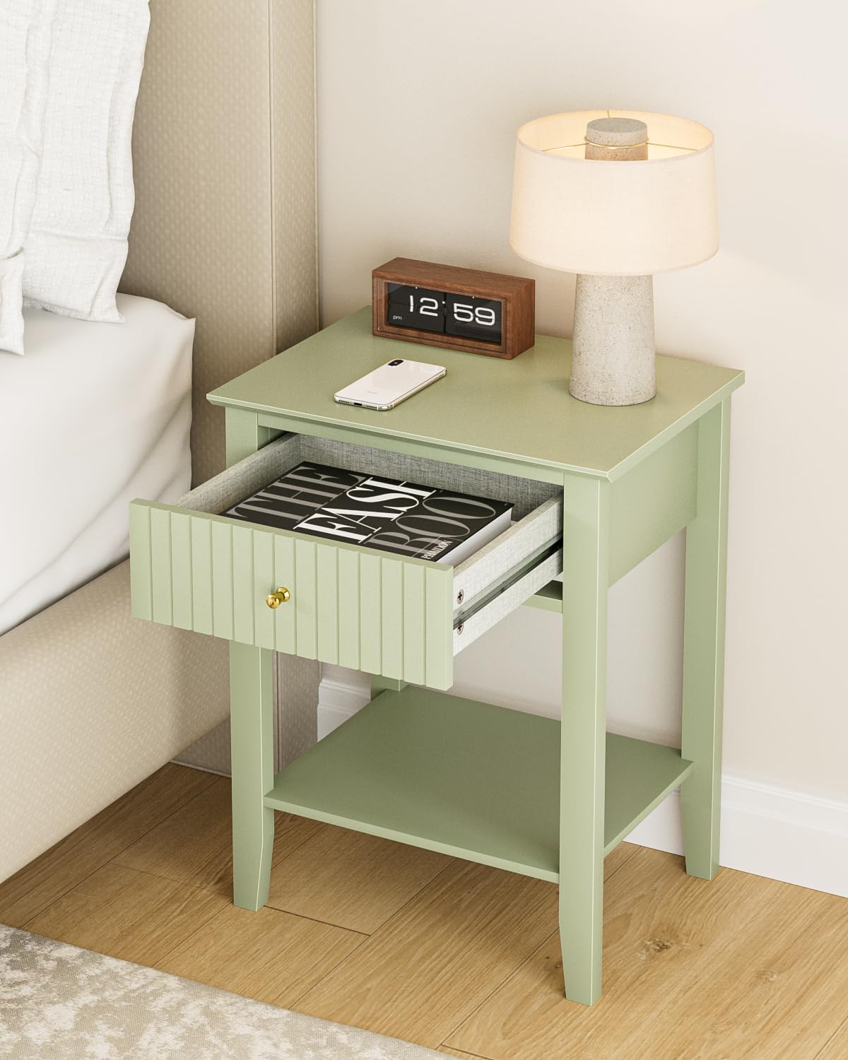 HEYZOEY Bedside Table Chest of 1 Drawer, Bedside Cabinet Wooden Nightstand, Modern Side Table for Living Room,Bedroom,Office,Green
