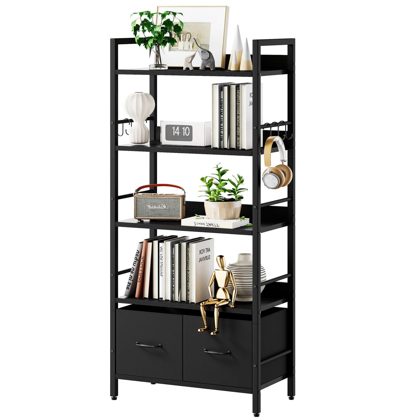 Aibiju 5-Tier Bookshelf, Widening Bookcase With 2 Fabric Cloth Drawers, Bookcase Shelf Storage Organizer, for Office, Study, Living Room, Bedroom